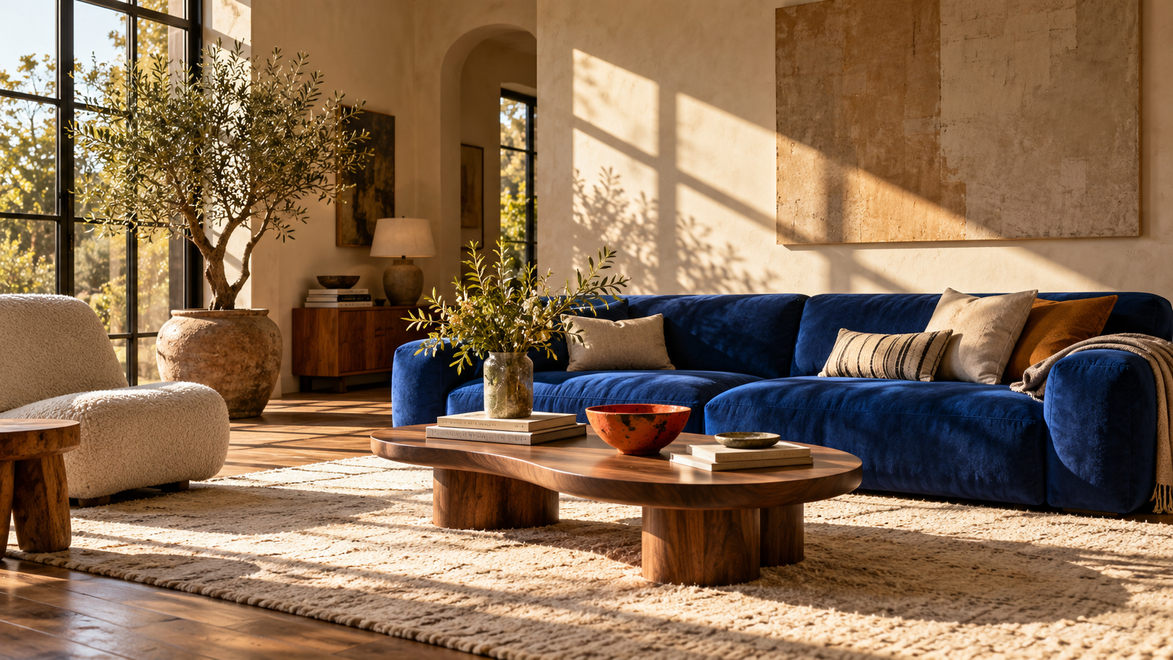 Illustrative sunlit living room with a cobalt sofa, an olive tree and warm natural textures